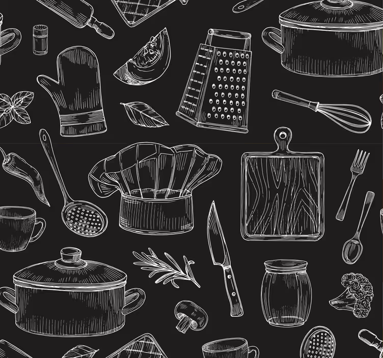 Blinds in a kitchen with kitchen utensil sketches - TenStickers