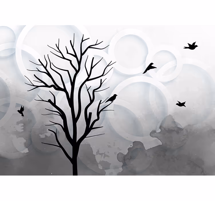 Blinds in a kitchen with artistic black tree and birds - TenStickers