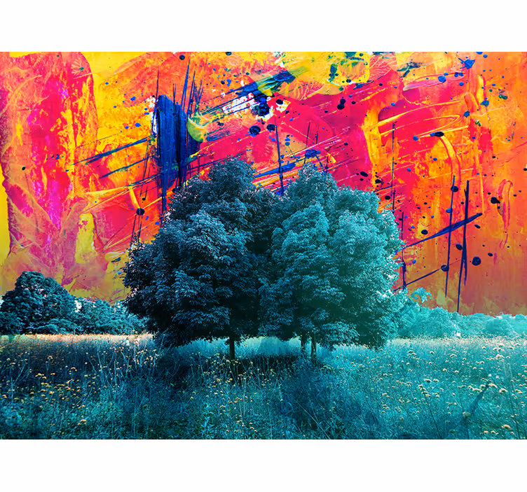 Living room blind in colorful field landscape with trees - TenStickers