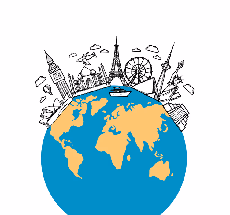 Living room blind with world map landmark icons - TenStickers