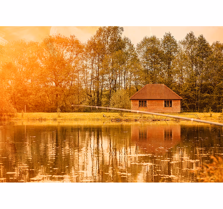 Living room blind brown houses by the lake with mountains - TenStickers