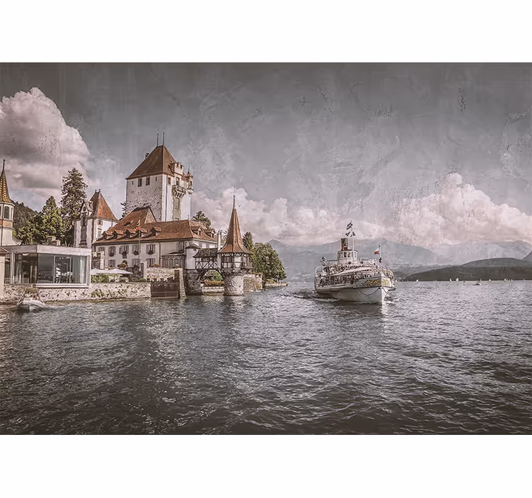 Living room blind classic house by the lake with boat - TenStickers