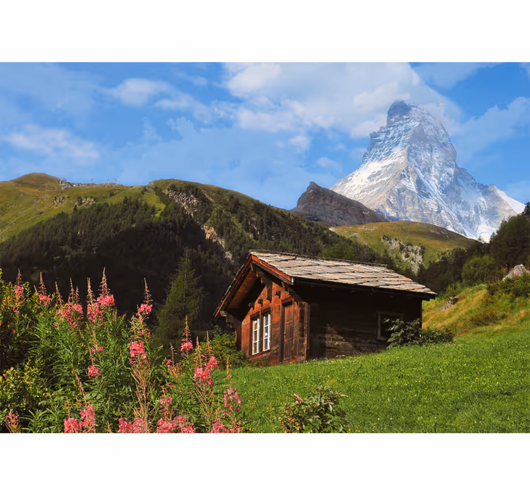 Living room blind green field wooden shed mountain - TenStickers