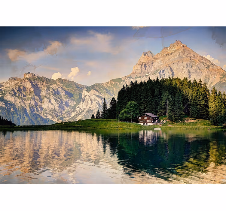 Living room blind for a lakeside mountain view - TenStickers