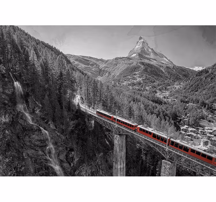 Living room blind featuring a red train and matterhorn - TenStickers
