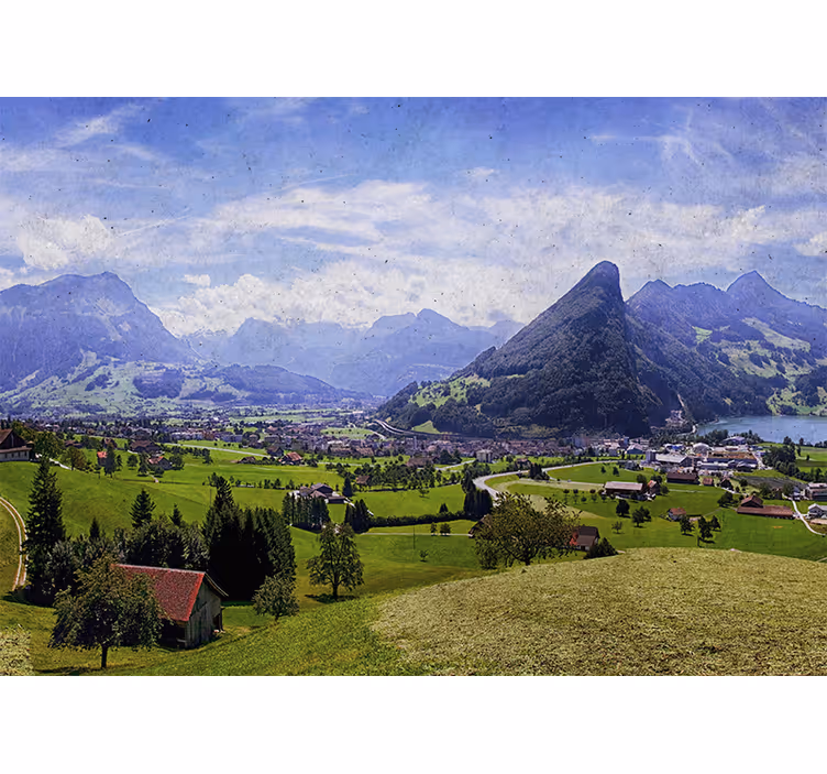 Living room blind with houses on green fields - TenStickers