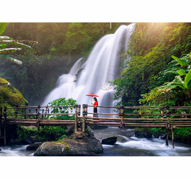 Bedroom blind wooden path on tranquil lake with waterfall - TenStickers