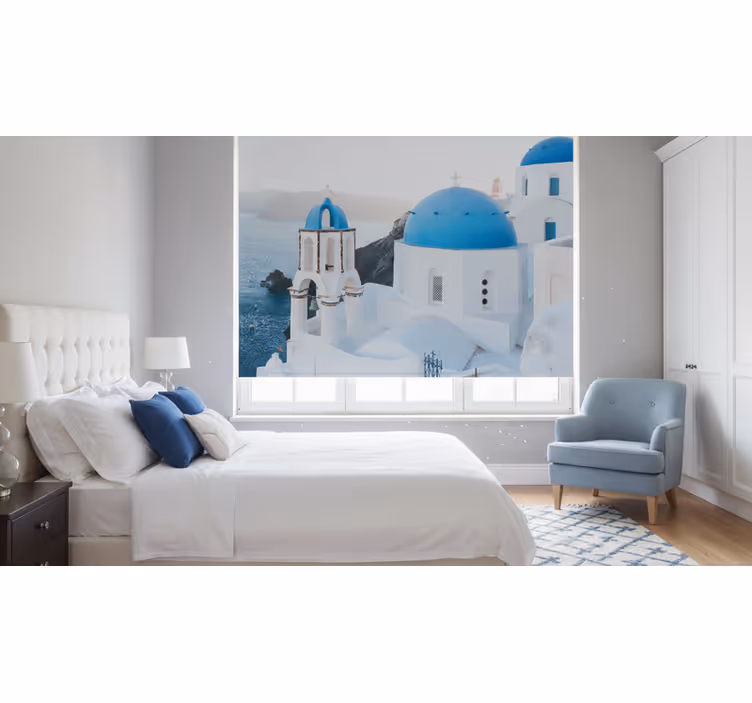 Bedroom blind in santorini white and blue ocean - TenStickers