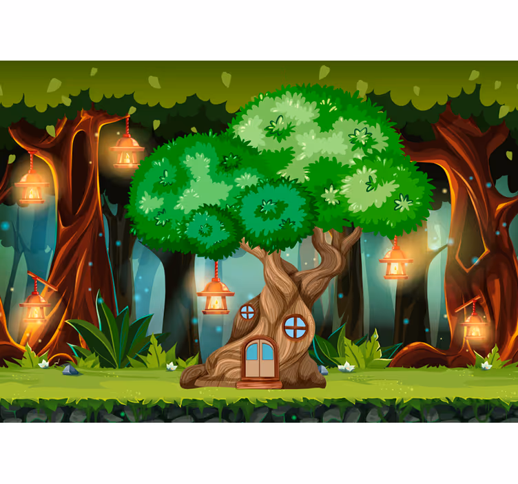 Blind kids wall mural fantasy tree house lanterns - TenStickers