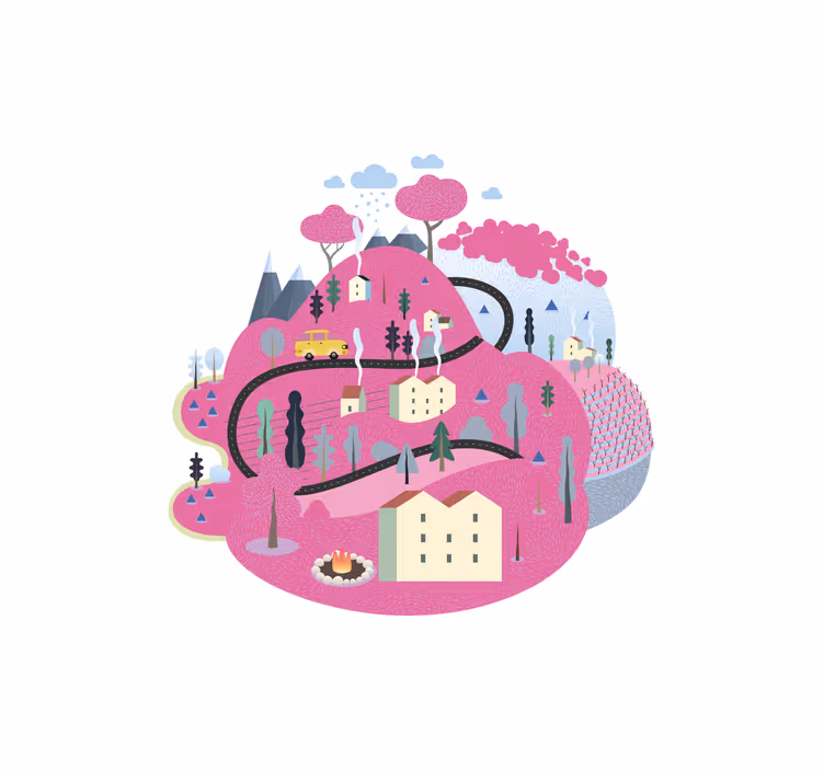 Blind kids in pink mountains with houses - TenStickers