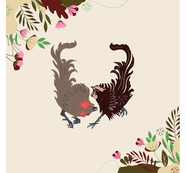 Beige roller blind with two roosters and flowers - TenStickers