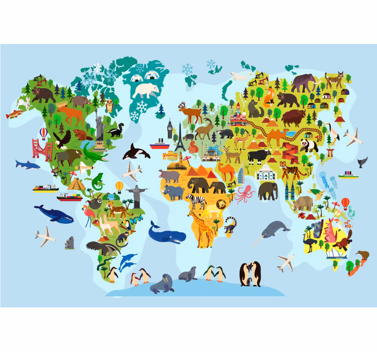 World map roller blind featuring animals and monuments - TenStickers