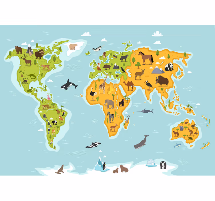 World map roller blind children's mural fauna and flora - TenStickers