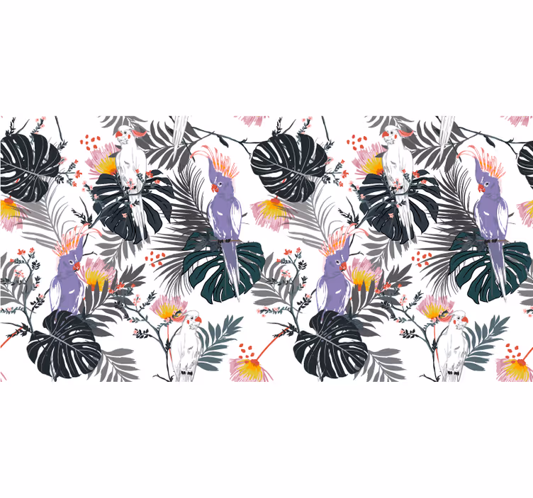 Wall mural jungle red and purple parrots on leaves - TenStickers