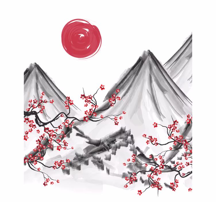 White wall mural with japanese red sun design - TenStickers