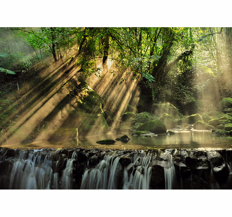 Green mural wallpaper sunlit forest waterfall - TenStickers