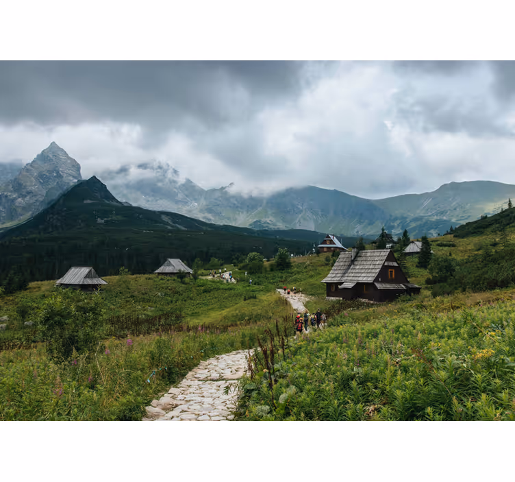 Green mural wallpaper wooden houses in tatra mountains - TenStickers