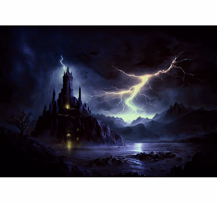 Black wall mural dark castle and storm - TenStickers