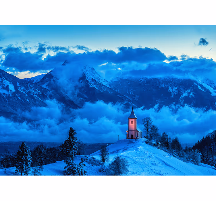 Snowy Church mountain wall mural - TenStickers