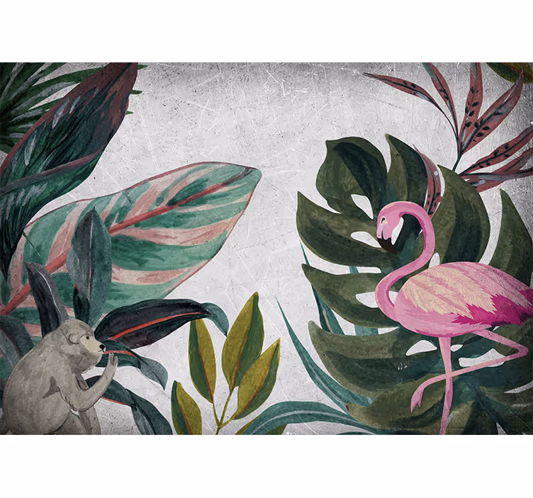 Wall mural jungle flamingo and monkey design - TenStickers