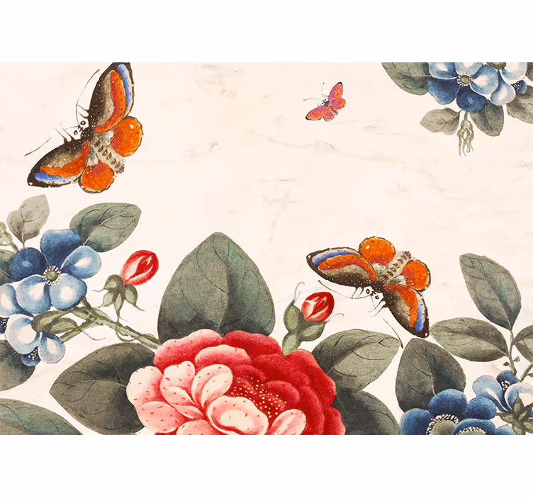 Flowers wall mural with fluttering insects and blooms - TenStickers