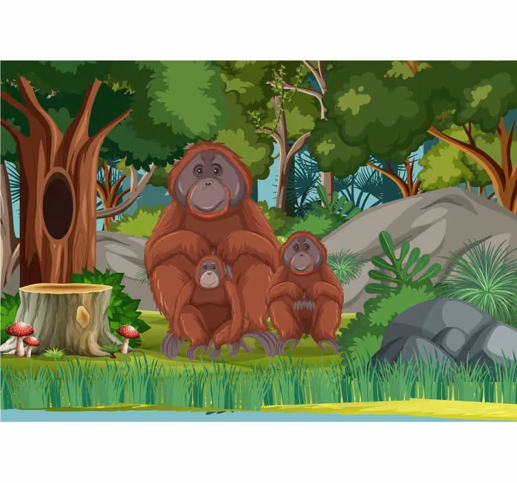 Wall mural animals orangutans family scene - TenStickers
