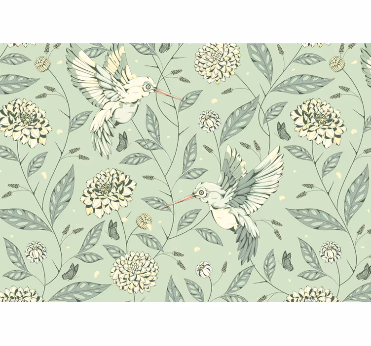 Flowers wall mural hummingbirds among blooms - TenStickers