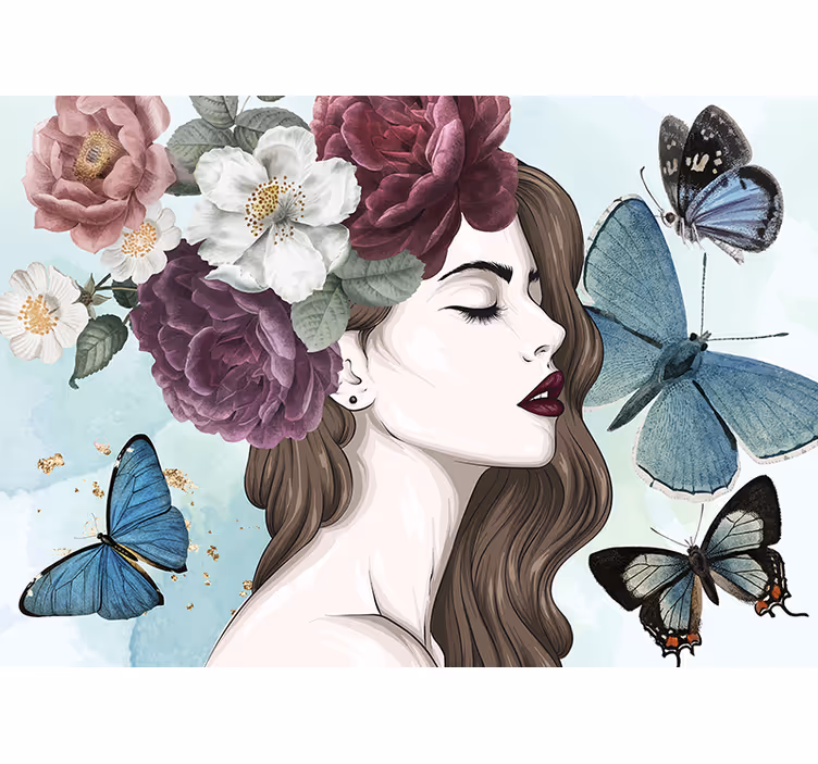 Flowers wall mural woman with butterflies - TenStickers