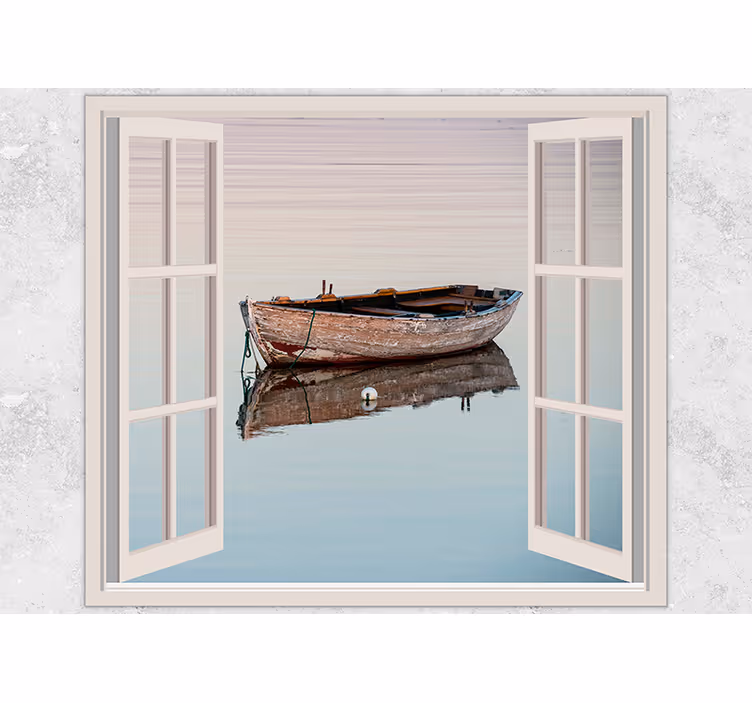 Lake mural wallpaper rustic boat reflection - TenStickers