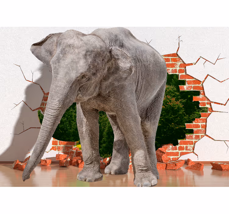 3d mural wallpaper elephant breaking through wall - TenStickers