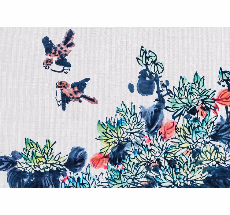 Flowers wall mural birds among flowers - TenStickers
