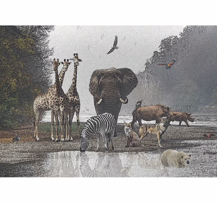 Wall mural jungle wildlife gathering scene - TenStickers