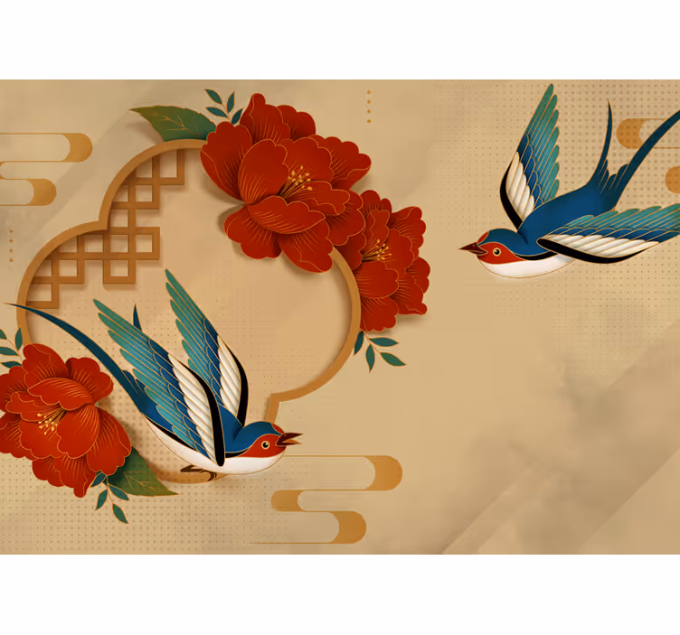 Flowers wall mural swallow and blossoms - TenStickers