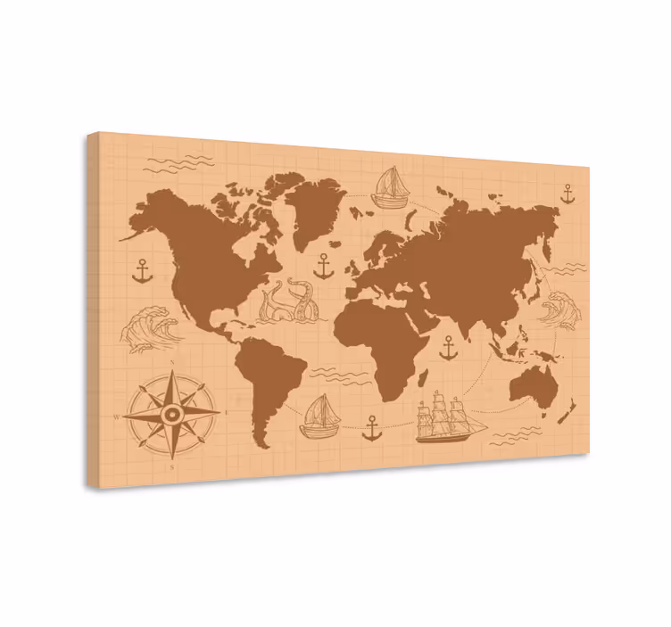 Brown with compass world map canvas - TenStickers