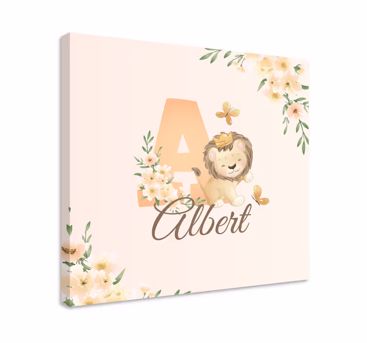 Cute animals lioness with name nursery canvas - TenStickers