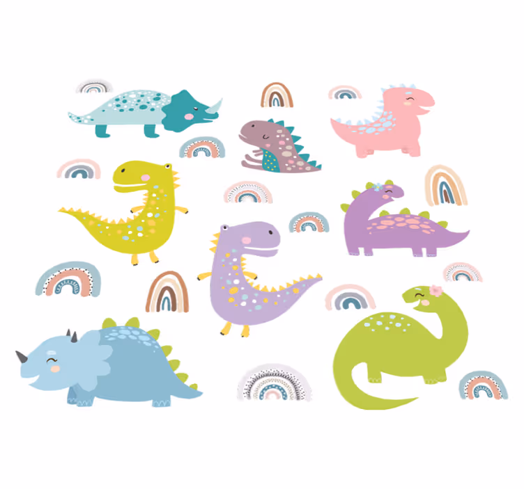 Animal vinyl carpet featuring nordic dinosaurs and rainbows - TenStickers