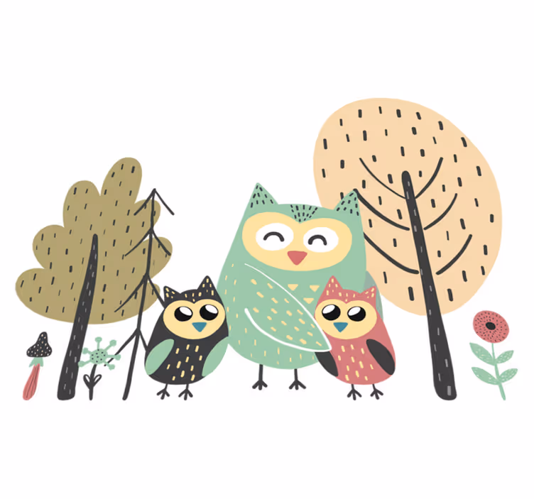 Animal vinyl carpet colorful owls in tree - TenStickers