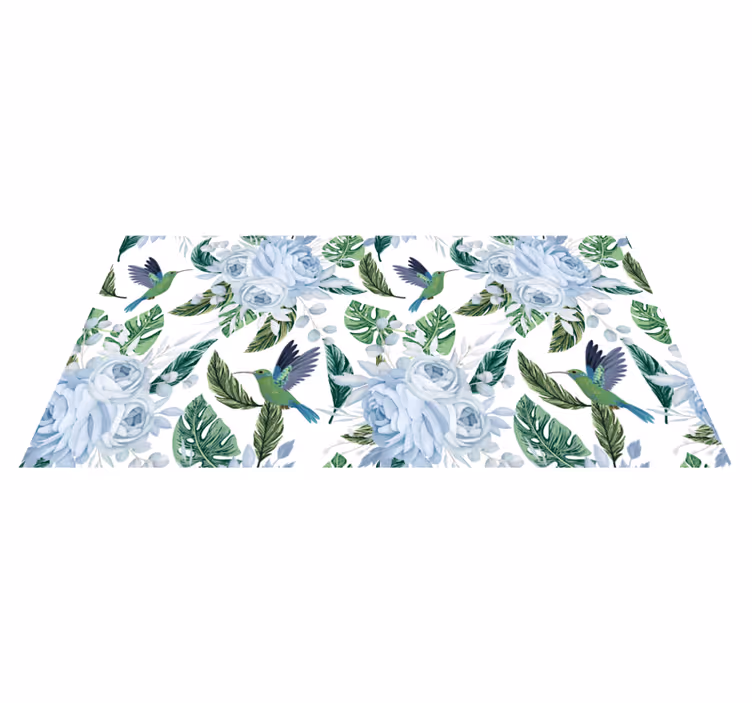 Flower rug featuring blue garden flowers with birds - TenStickers