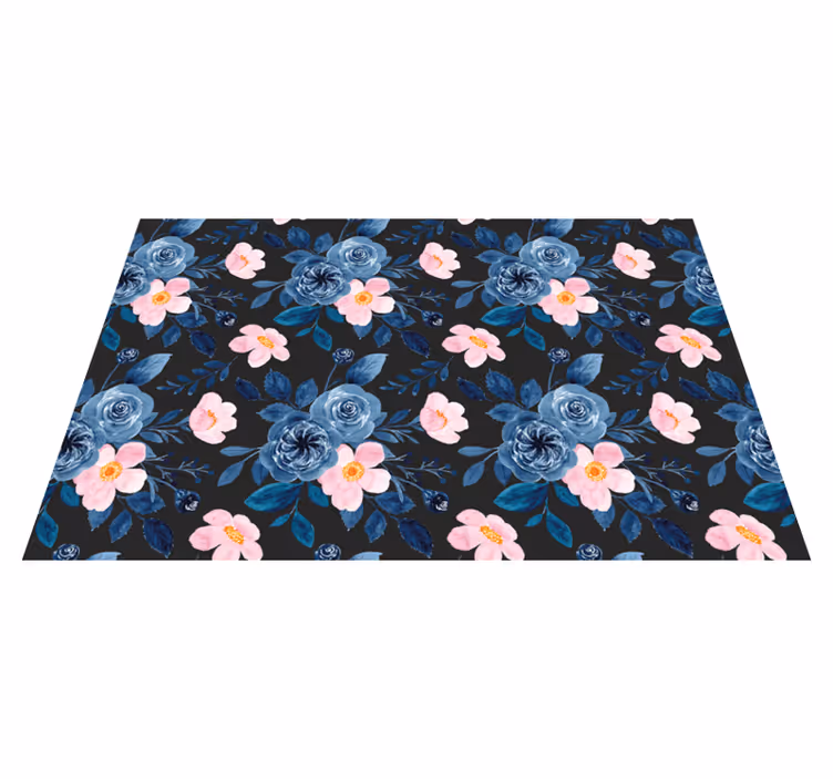 Floral vinyl carpet with blue and pink design on black - TenStickers