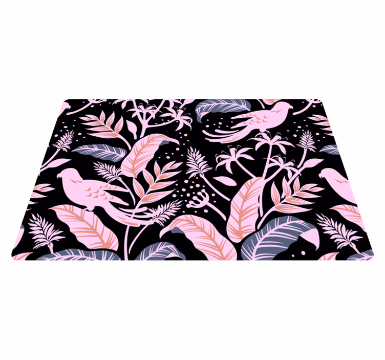 Floral vinyl carpet with black and pink birds on leaves - TenStickers