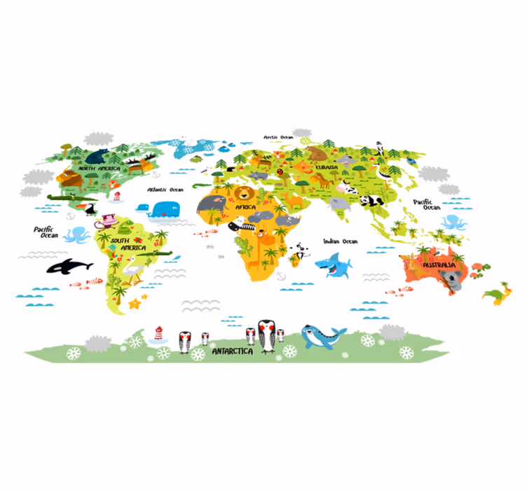 World map vinyl carpet with english wildlife design - TenStickers