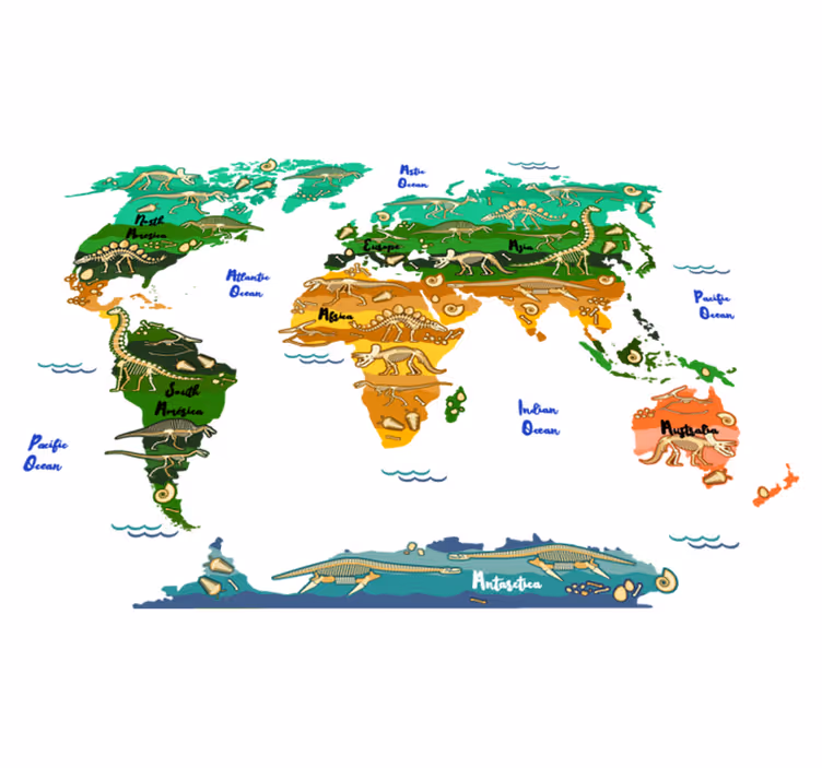 World map vinyl carpet with dinosaur names in english - TenStickers