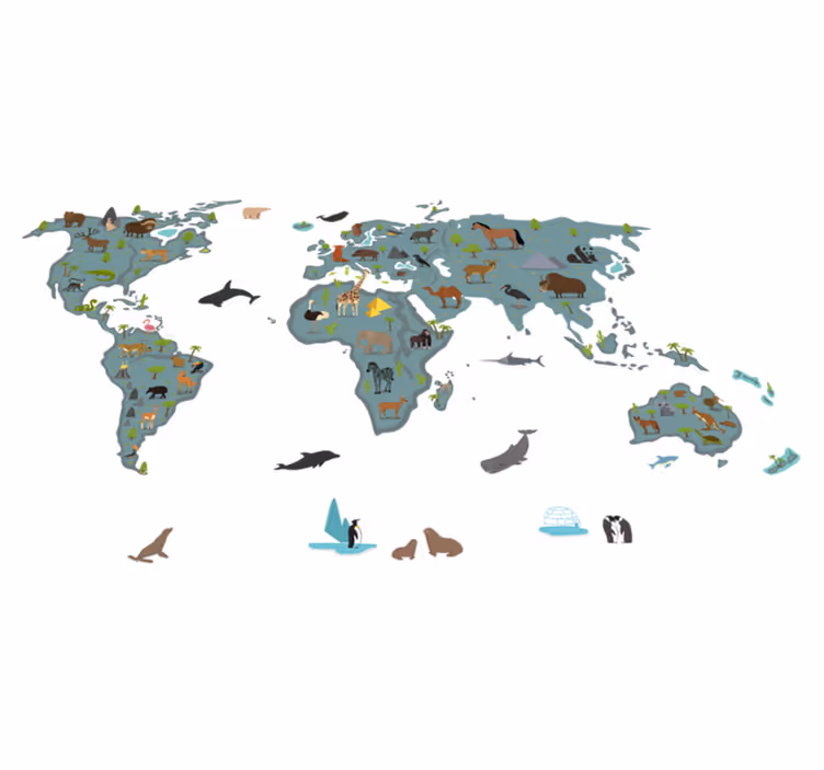 World map vinyl carpet with playful animals and trees - TenStickers