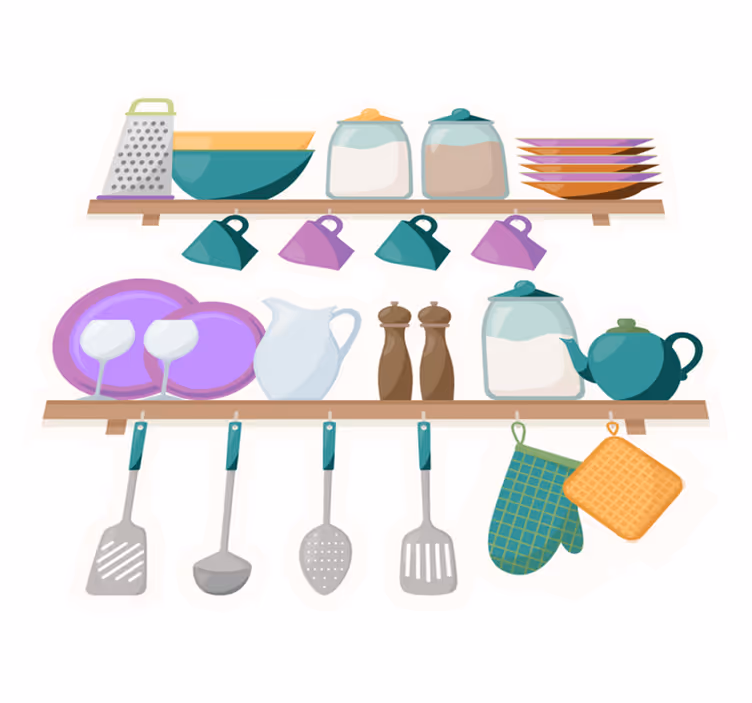 Kitchen vinyl carpet with cooking tools shelves - TenStickers