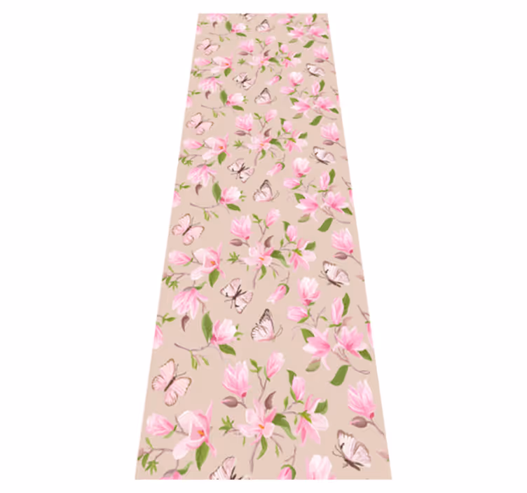 Nature vinyl carpet with pink magnolia and butterfly design - TenStickers