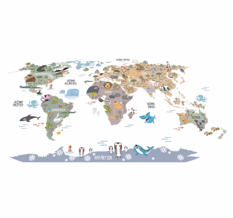 World map vinyl carpet pastel animal design - TenStickers