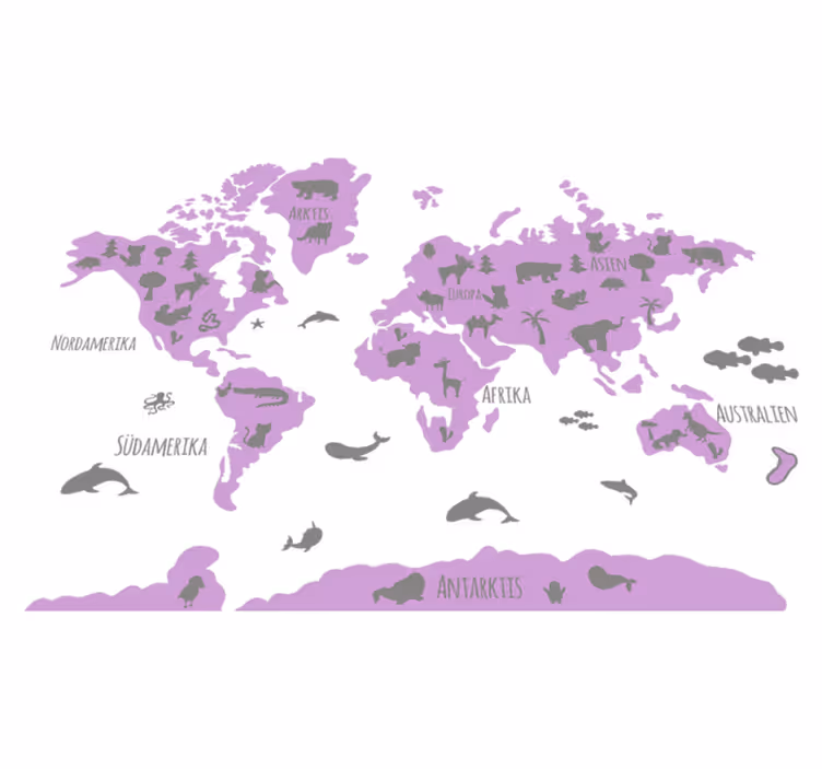World map vinyl carpet in pink and grey animals - TenStickers