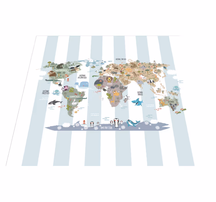 World map vinyl carpet featuring animal life - TenStickers