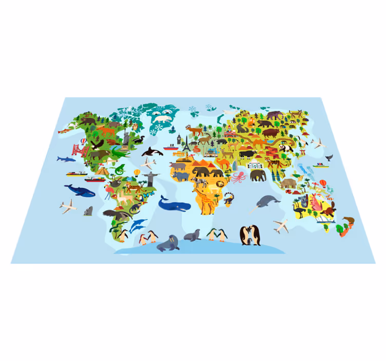 World map vinyl carpet featuring monuments and animals - TenStickers