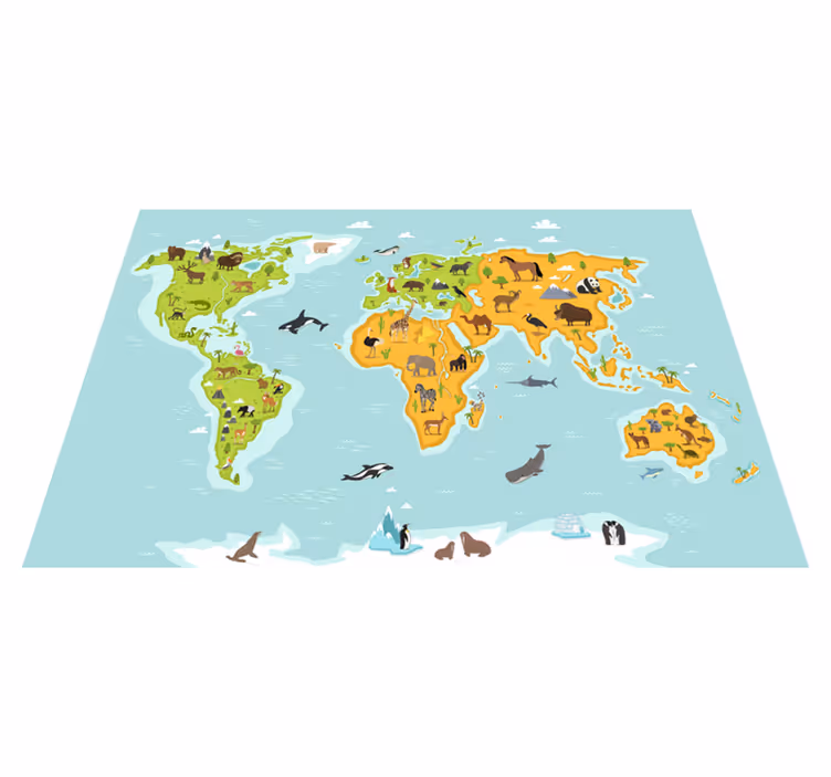 World map vinyl carpet with animals and plants - TenStickers